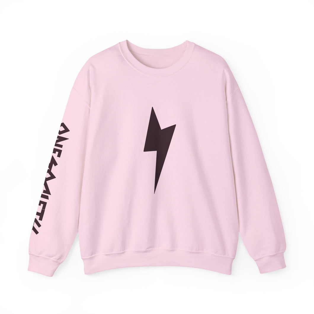 Lightning Bolt Crewneck Sweatshirt — Minimal Graphic Pullover with Sleeve Text