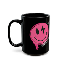 Black Mug — Pink Smiley 'One Society' Graphic Coffee Cup with Definition Text