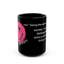Black Mug — Pink Smiley 'One Society' Graphic Coffee Cup with Definition Text